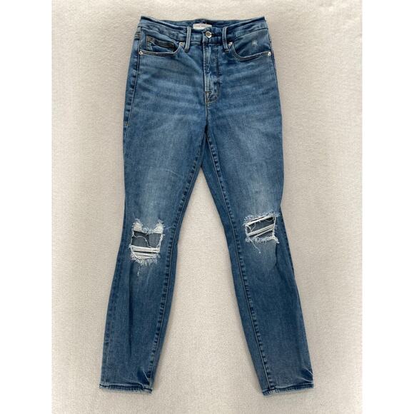 Good American Good Legs High Rise Ripped Skinny‎ Crop Jeans Women's 4/27 Blue - Picture 1 of 13